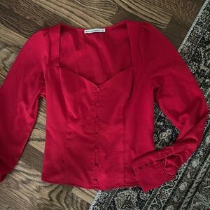 Abercrombie Red Puff Sleeve Button Front Cropped Blouse - Small